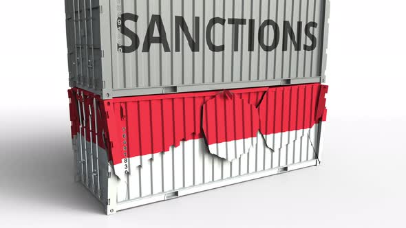 Container with SANCTIONS Text Breaks Container with Flag of Indonesia alt