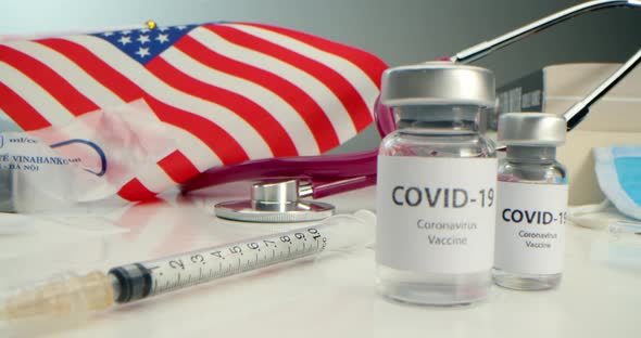 COVID19 Vaccine Developed Coronavirus Vaccine Ampoule and Various Syringes Medical Tools Face Shield