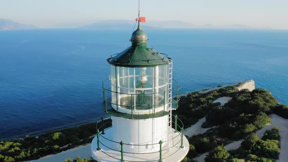 Close up view of lighthouse top, drone view.