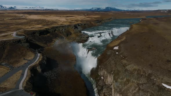 Panoramic Aerial View of Popular Tourist Destination  Gullfoss Waterfall