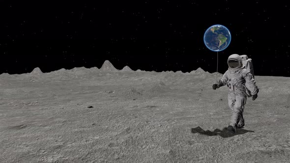 Atsronaut with a Ball in the Shape of the Earth Is Walking on the Moon alt