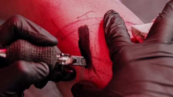 A Session in Tattoo Salon  Filling in the Tattoo with Black Color Under the Red Light