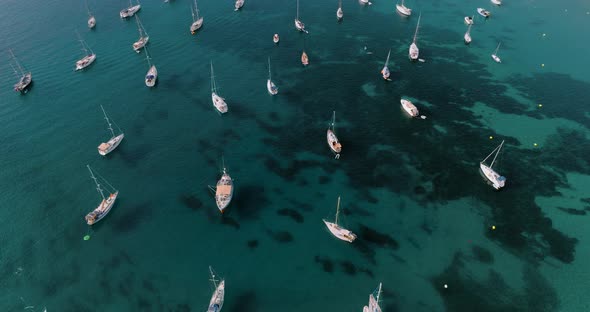 Aerial View the Boats Anchored Near the Coast in Clear Sea Waters