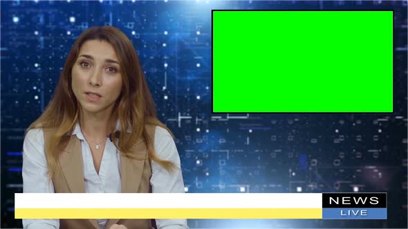 Female News Presenter in Broadcasting Studio With Green Screen Display For Mockup Usage