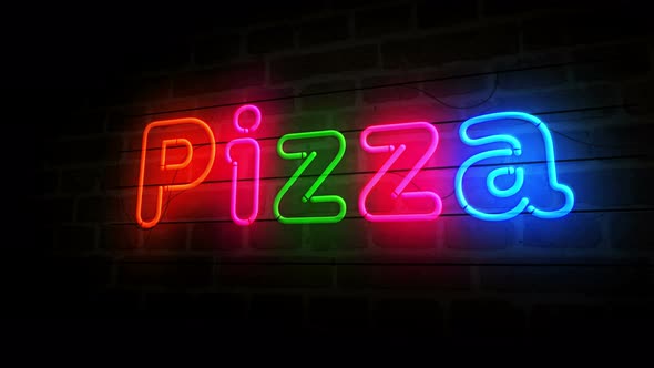 Pizza neon on brick wall 3d