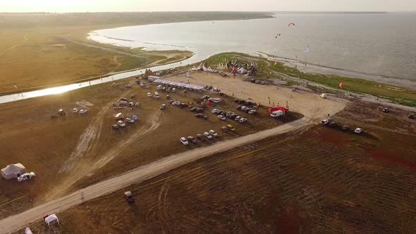 Aerial View of Kite Camping at Coast of Lake