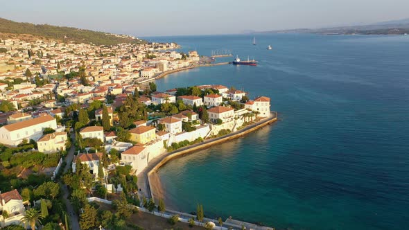 Aerial View of Spetses Old Town and Marina or Seaport Greece  Drone Videography