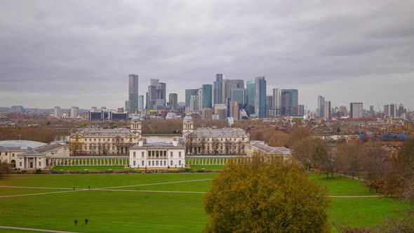 Timelapse of Canary wharf skyscrapers behind queens house greenwich park London