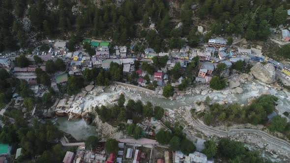 Gangotri village in the state of Uttarakhand in India seen from the sky