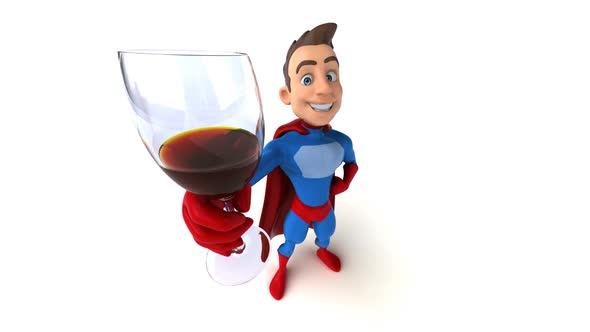 Fun 3D cartoon superhero with a glass of wine