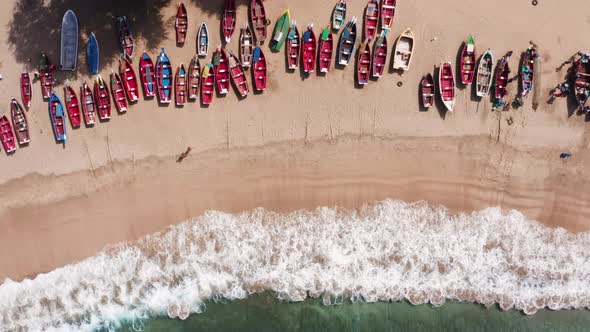 Aerial view of fishing boats in Tarrafal beach in Santiago island in Cape Verde, Cabo Verde