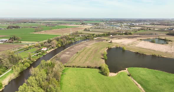 Aerial view of lake Grote Wiel, road and river Linge, Rumpt, Betuwe, Netherlands