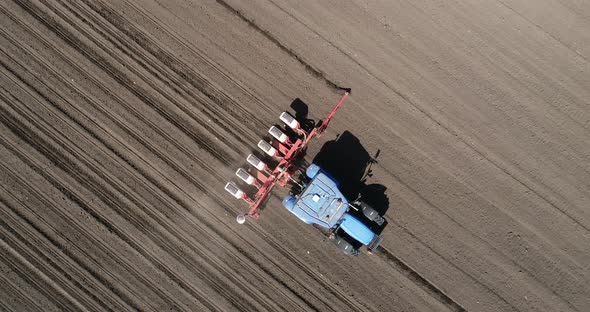 Aerial view of tractor sowing in agriculture area