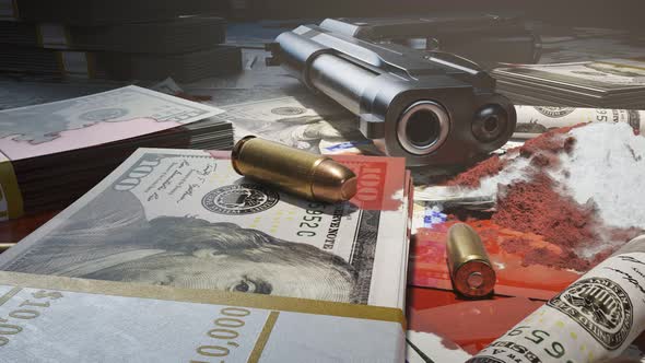 Ammo bullets and a gun on a table covered with countless dollar bills and drugs