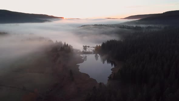 Aerial view of sunrise with fog above lake Schluchsee, Germany