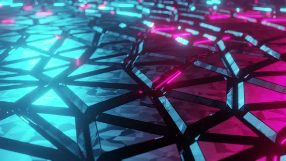 3D pulsing neon graphics render with reflections on cyber futuristic geometric shapes for digital ba