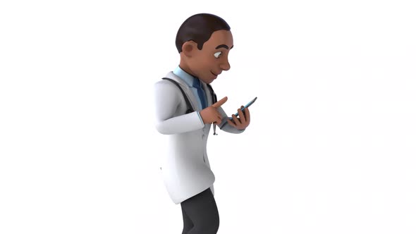 Fun 3D cartoon doctor walking with a phone