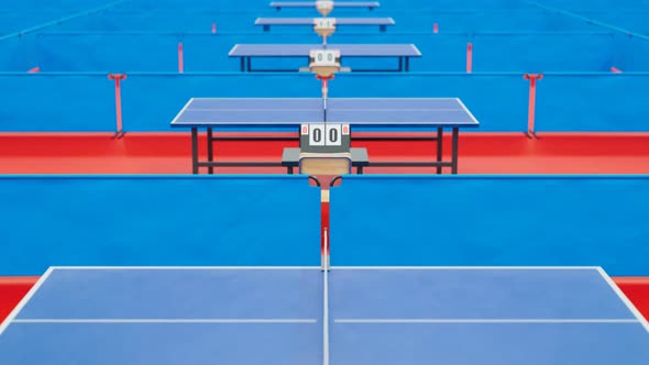 Table tennis arena.Tracking view of ping pong tables ready to play. Table layout