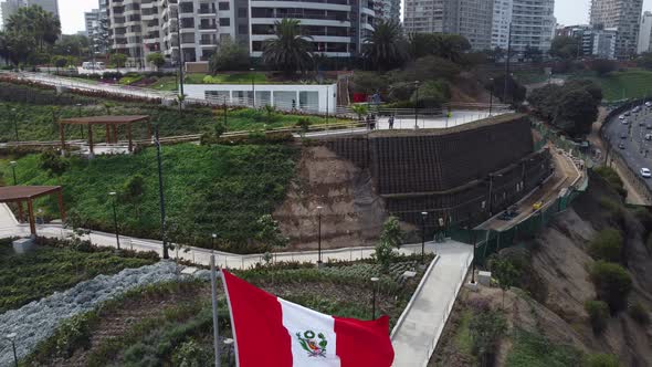 Drone footage of a park in Lima, Peru in Miraflores district. "Parque Bicentenario" Drone flying bac