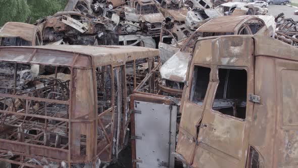 War in Ukraine a Dump of Burned Cars in Irpin Bucha District