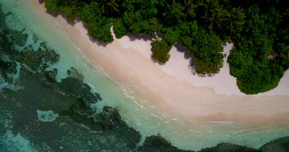 Natural drone travel shot of a white paradise beach and aqua blue ocean background in vibrant 4K