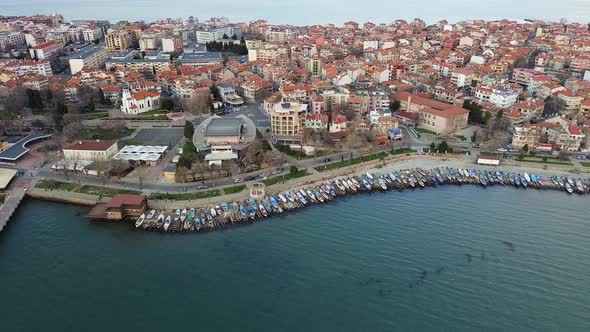 View From a Height on the Pier of the City the Islands of Pomorie with Many Boats and Boats in the