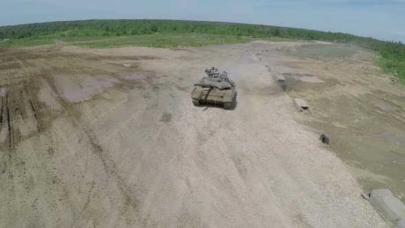 Tank on the finish during maneuvers, aerial shot