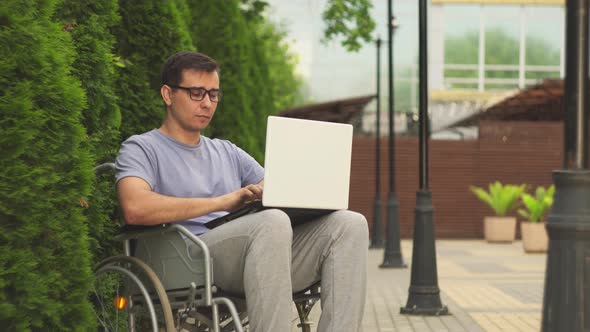 Portrait of a Disabled Man in Glasses Laptop on a Wheelchair on the Street