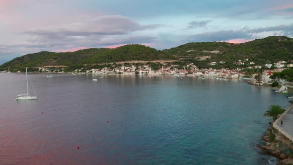 Aerial View of Vis Town at Sunset on Vis Island Croatia