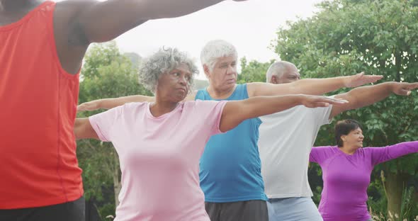 Happy senior diverse people practicing yoga in garden at retirement home