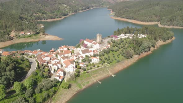 Aerial drone view of Dornes and river Zezere in Portugal