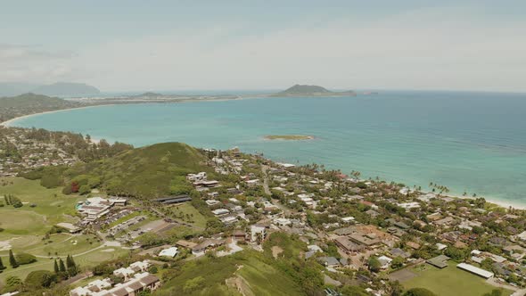 Drone Aerial pull back in Lanikai on the Pillbox Hike. Oahu, Hawaii