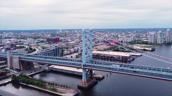 Drone shot of the Ben Franklin Bridge in Philadelphia, Pennsylvania.