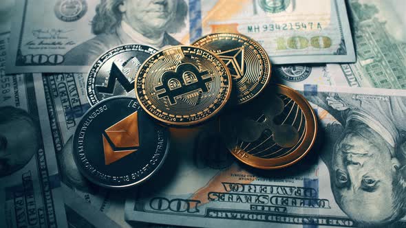 Bitcoin BTC Coin and Ethereum ETH Coins are Rotating on Bills of 100 Dollars