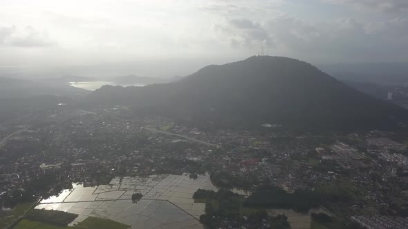 Aerial view Berapit town in misty fog