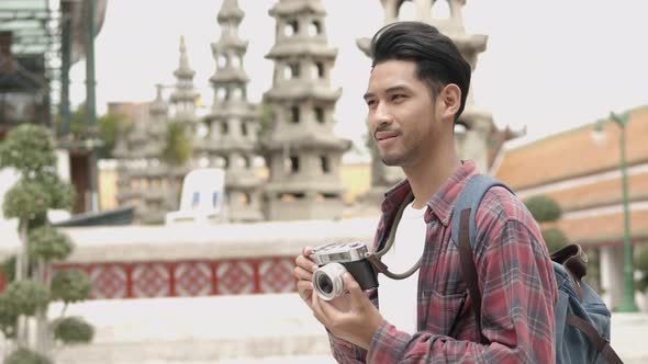 Asian man blogger happy enjoying leisure lifestyle travel.