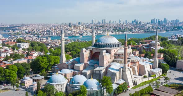 Aerial View Hyperlapse of Ayasofya Hagia Sophia Mosque Istanbul Turkey