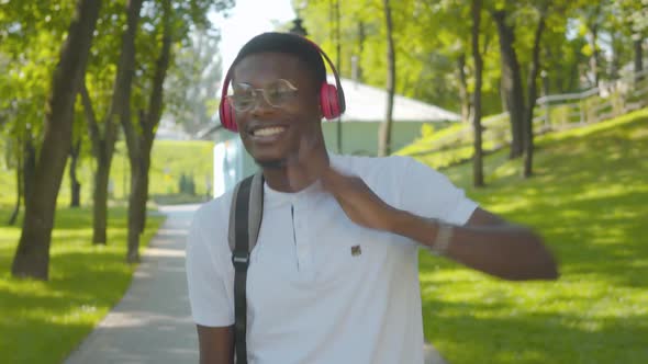 Portrait of Relaxed African American Man in Headphones Walking Along the Alley in Sunny Summer Park