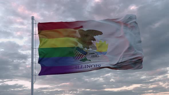 Waving Flag of Illinois State and LGBT Rainbow Flag Background