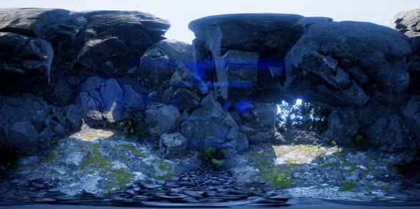 VR 360 Camera Moving Inside Tropical Cave in Jungle with Palms and Sun Light alt