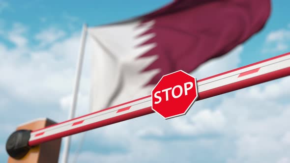 Barrier Gate Opened with Flag of Qatar As a Background alt