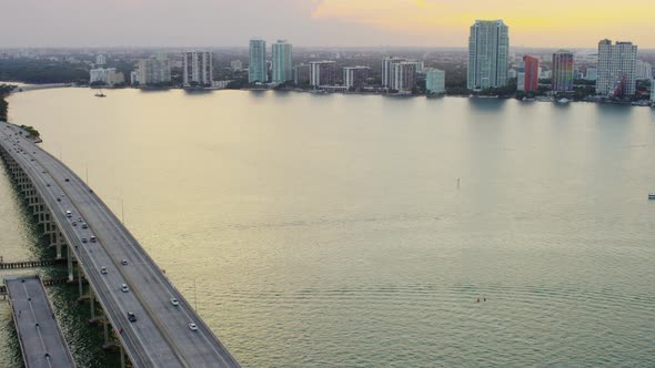 Aerial view of cityscape with Rickenbacker Causeway