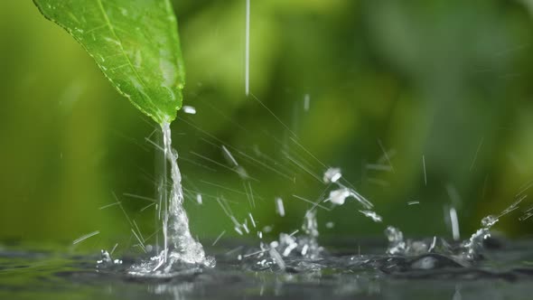 Drops Falling on Leaf and in Water Closeup Raining