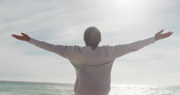 Back view of hispanic senior woman standing on beach and raising hands