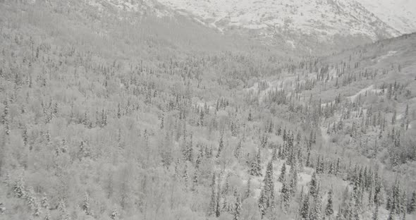 Aerial helicopter low flyover of Alaskan hillside, past train tracks, icy water, mountains, rail tru