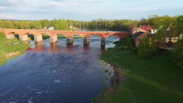 Long Old Brick Bridge, Kuldiga, Latvia Across the Venta River. 