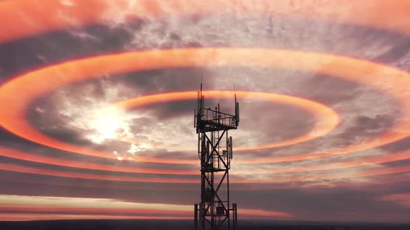 Wireless Telecom Radiation and Aerial View Silhouette of Telecommunication Tower