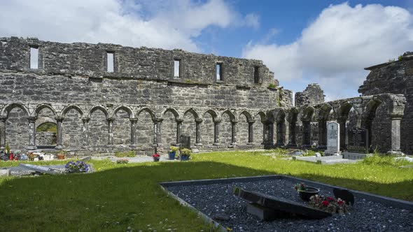 Motion time lapse of Creevelea Abbey medieval ruin in county Leitrim in Ireland as a historical sigh