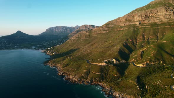 Beautiful panoramic of Chapmans Peak coastline and Hout Bay in Cape Town, aerial