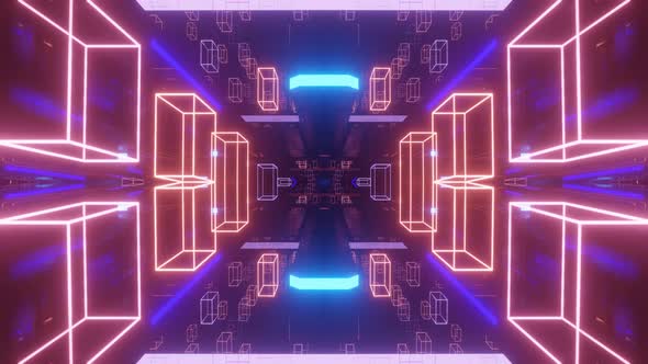 Fly Through Symmetrical Tunnel with Neon Glow 3d Objects Sci Fi Glow Pattern